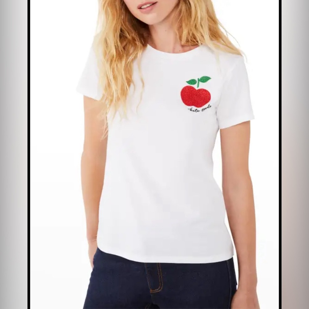 Kate Spade White Red Apple Sequin Tee Shirt NWT Size L